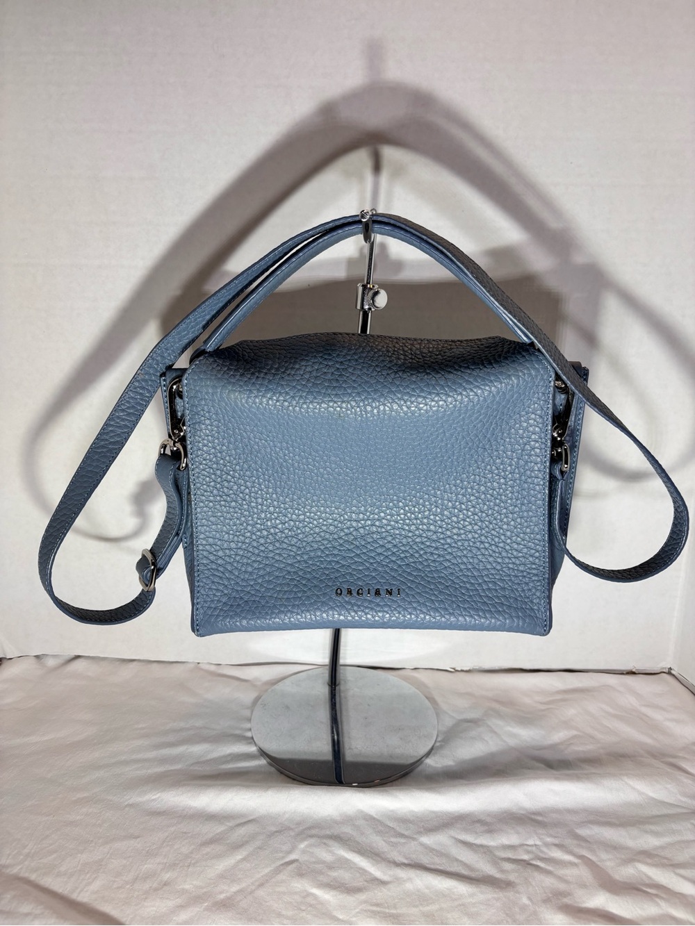 Orciani Dusty Blue Pebbled Leather Satchel with Adjustable Strap